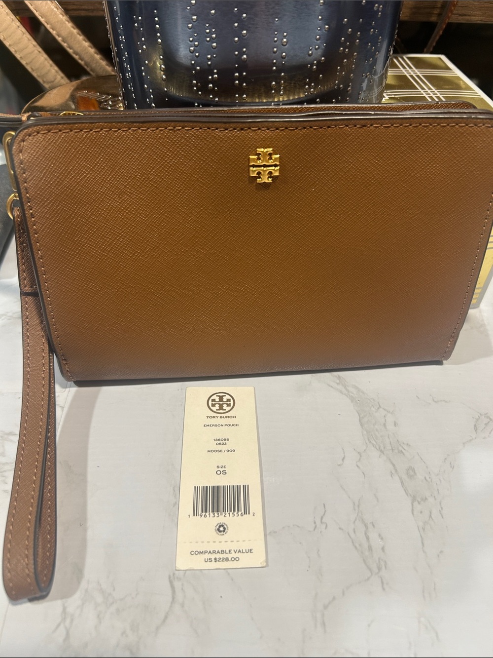 Tory Burch Chestnut Saffiano Leather Emeraont pouch Wristlet Clutch with Logo
